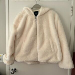 Forever 21 Cream Hooded Faux Fur Jacket